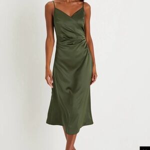Lulu's Olive Green Satin Midi Dress